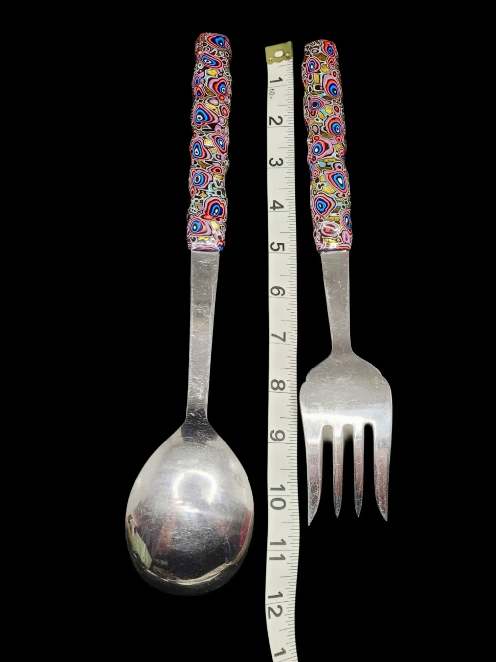 Vintage Venetian Millefiori Style Colorful Stainless Salad Serving Set